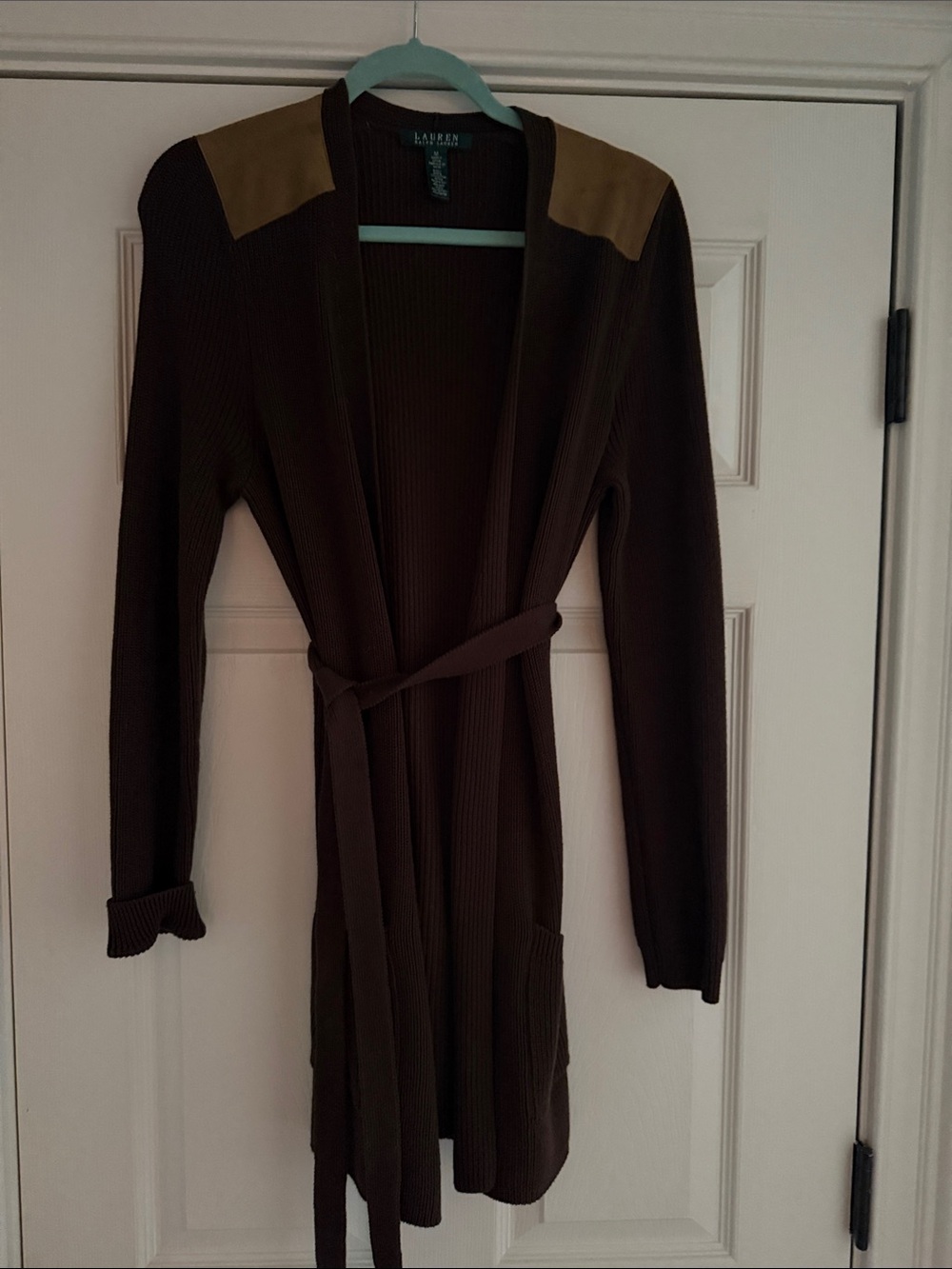 Lauren Ralph Lauren Brown Knit Belted Cardigan with Tan leather Shoulder Panels